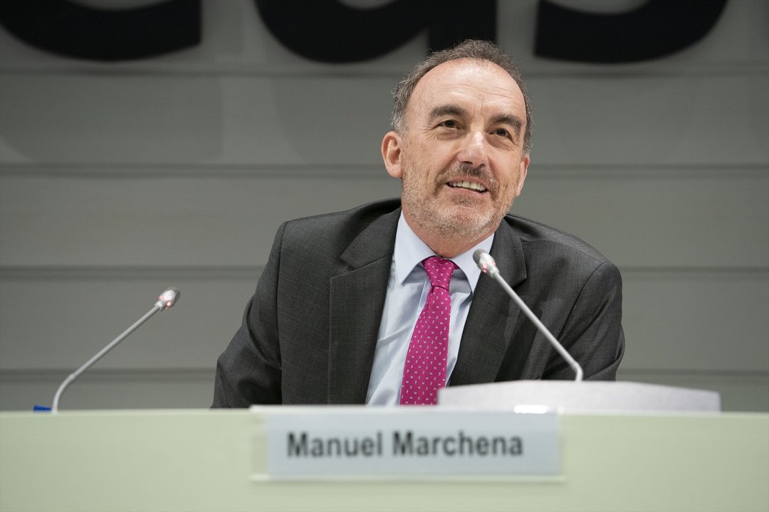 El presidente de la Sala Segunda del Tribunal Supremo, Manuel Marchena, durante una conferencia magistral en un Congreso Internacional sobre Derecho e Inteligencia Artificial, en el Auditorio de la Universidad de Deusto, a 20 de abril de 2023, en Bilbao, Vizcaya (España).