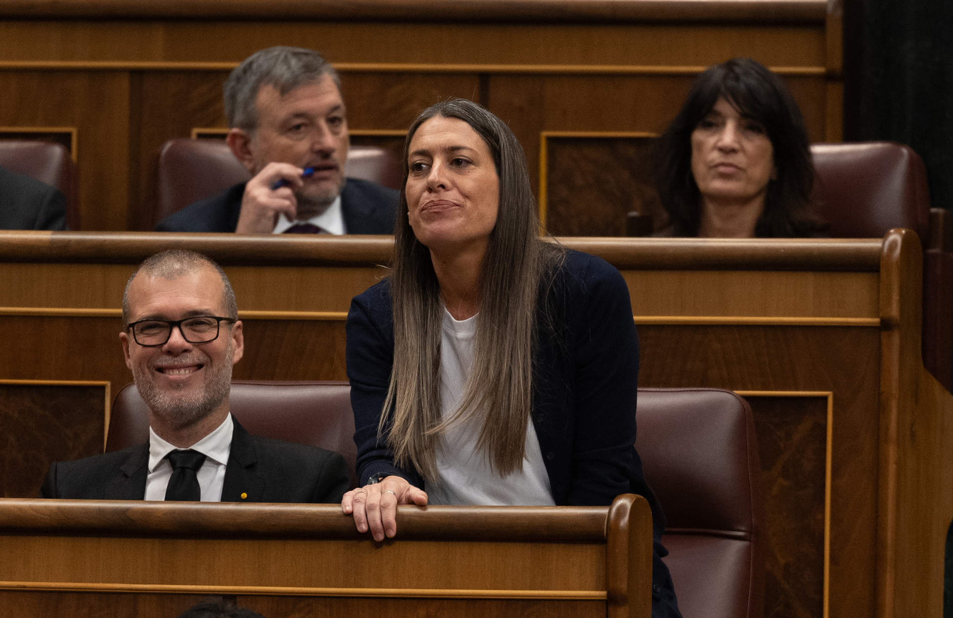 La portavoz de Junts en el Congreso, Miriam Nogueras, durante la votación de la Ley de amnistía, en una sesión plenaria, en el Congreso de los Diputados, a 14 de marzo de 2024, en Madrid (España)